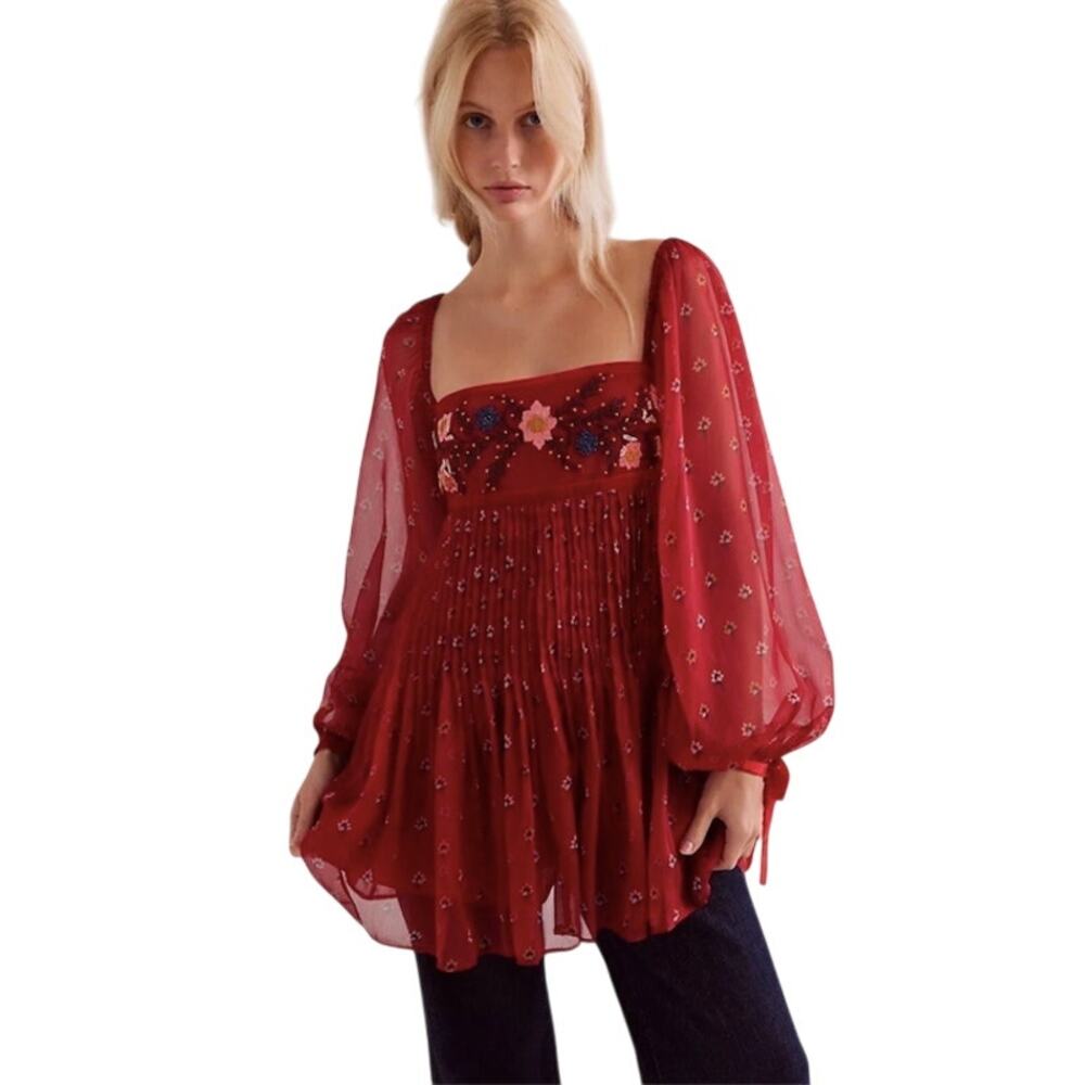 Free People Through The Meadows Mini Dress Red Embroidered Boho Fairycore S - Picture 2 of 10